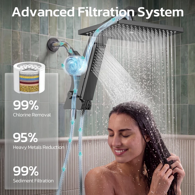 Alt view image 3 of 7 - 12-Inch Filtered Rain Shower Head with Handheld Spray Combo Matte Black | High Pressure Rainfall Showerheads with Hard Water Softener Filter, Detachable Hand Held Shower Wand with Hose