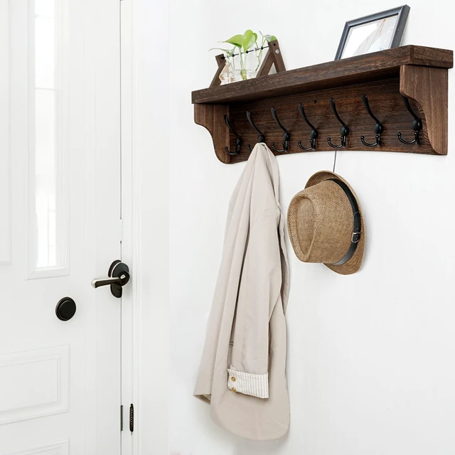 Alt view image 4 of 7 - Rustic Coat Rack Wall Mount with Shelf,35" Long Wall Shelf with Hooks Underneath,7 Triple Hooks for Hanging Jacket,Bathroom,Entryway,Weathered Brown