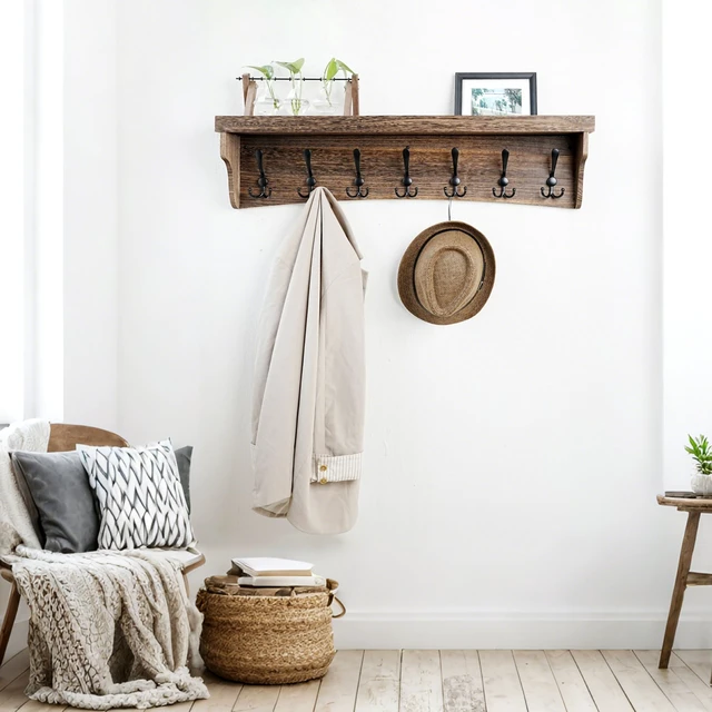 Alt view image 2 of 7 - Rustic Coat Rack Wall Mount with Shelf,35" Long Wall Shelf with Hooks Underneath,7 Triple Hooks for Hanging Jacket,Bathroom,Entryway,Weathered Brown