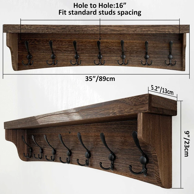 Alt view image 6 of 7 - Rustic Coat Rack Wall Mount with Shelf,35" Long Wall Shelf with Hooks Underneath,7 Triple Hooks for Hanging Jacket,Bathroom,Entryway,Weathered Brown
