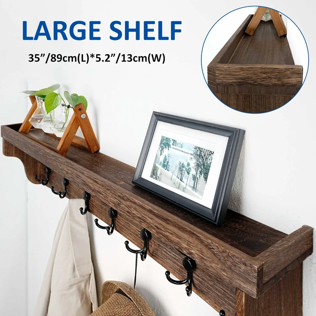 Alt view image 5 of 7 - Rustic Coat Rack Wall Mount with Shelf,35" Long Wall Shelf with Hooks Underneath,7 Triple Hooks for Hanging Jacket,Bathroom,Entryway,Weathered Brown