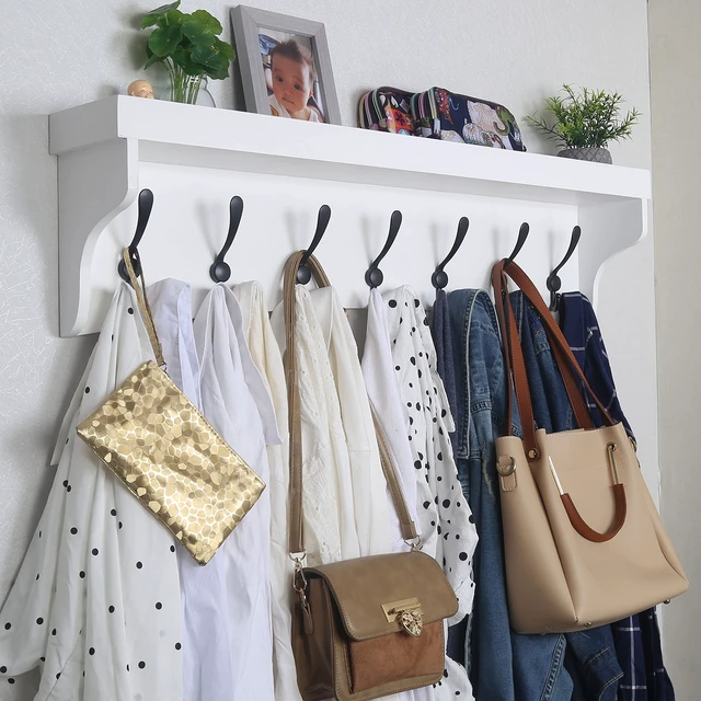 Alt view image 3 of 6 - Coat Rack Wall Mount with Shelf,35" Long White Wall Shelf with Hooks Underneath,Entryway Coat Rack with 7 Triple Hooks for Hanging Coats,Bathroom,Mudroom,Hallway