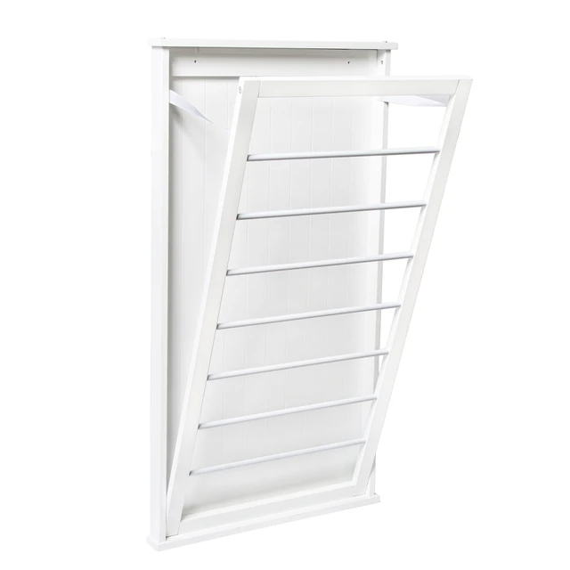 Alt view image 3 of 7 - Wall-Mount Wooden Clothes Drying Rack, 30 lb, White | Wall-mount white MDF rack folds to 2.25 in deep and holds 30 lb. Furniture-style look for laundry room or bath.