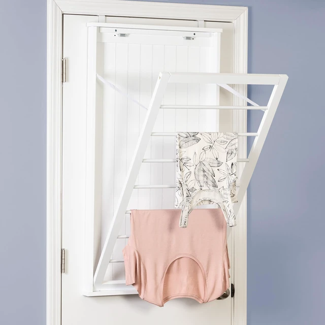 Alt view image 4 of 7 - Wall-Mount Wooden Clothes Drying Rack, 30 lb, White | Wall-mount white MDF rack folds to 2.25 in deep and holds 30 lb. Furniture-style look for laundry room or bath.