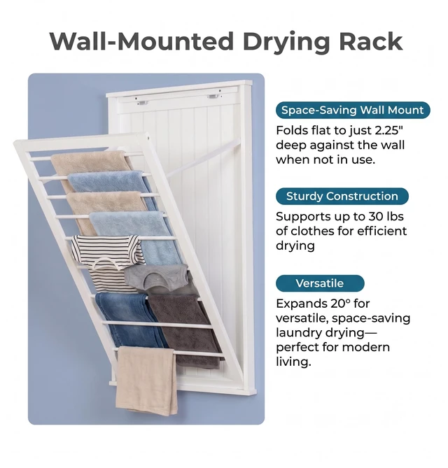Alt view image 5 of 7 - Wall-Mount Wooden Clothes Drying Rack, 30 lb, White | Wall-mount white MDF rack folds to 2.25 in deep and holds 30 lb. Furniture-style look for laundry room or bath.