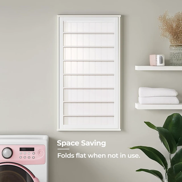Alt view image 6 of 7 - Wall-Mount Wooden Clothes Drying Rack, 30 lb, White | Wall-mount white MDF rack folds to 2.25 in deep and holds 30 lb. Furniture-style look for laundry room or bath.