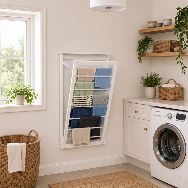 Alt view image 2 of 7 - Wall-Mount Wooden Clothes Drying Rack, 30 lb, White | Wall-mount white MDF rack folds to 2.25 in deep and holds 30 lb. Furniture-style look for laundry room or bath.