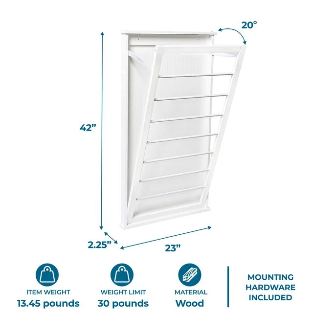 Alt view image 7 of 7 - Wall-Mount Wooden Clothes Drying Rack, 30 lb, White | Wall-mount white MDF rack folds to 2.25 in deep and holds 30 lb. Furniture-style look for laundry room or bath.