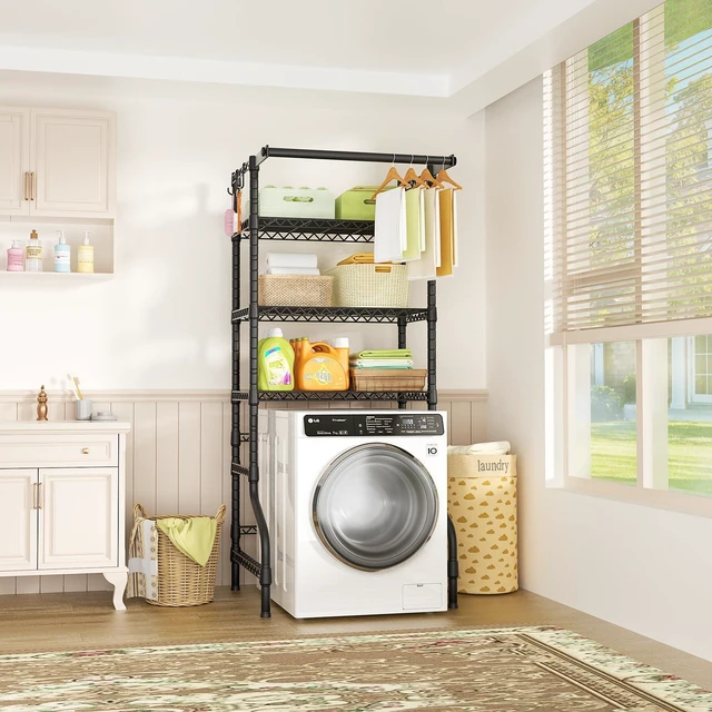 Alt view image 2 of 7 - U11 Medium Over Washer and Dryer Shelves, 3 Tiers Laundry Room Storage and Organizer Standing Shelf, Metal Freestanding Clothes Drying Rack, 31.1W x 19.7D x 77.6H, Black