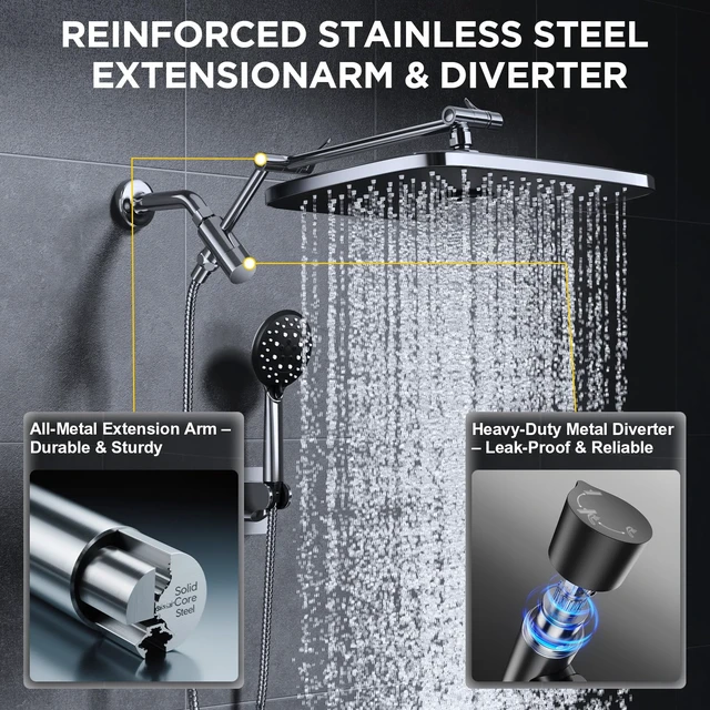 Alt view image 6 of 7 - 14" Wide Rain Shower Head with Handheld,Full Body Coverage & Spa-Like | Multi Spray Modes, Rainfall Combo with 15" Metal Extension Arm, Detachable Dual Shower,Bathroom Decor, Durable, Chrome Silver