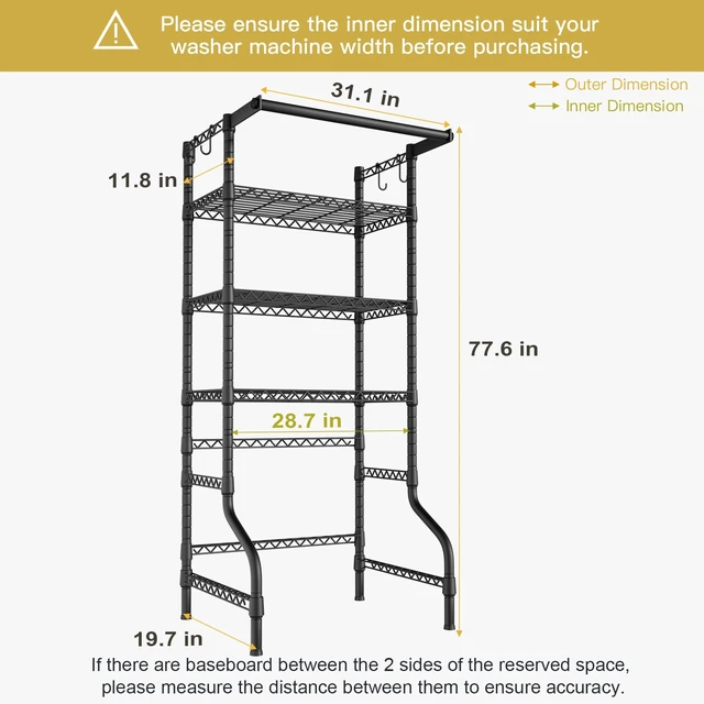 Alt view image 3 of 7 - U11 Medium Over Washer and Dryer Shelves, 3 Tiers Laundry Room Storage and Organizer Standing Shelf, Metal Freestanding Clothes Drying Rack, 31.1W x 19.7D x 77.6H, Black
