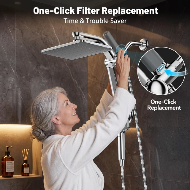 Alt view image 3 of 7 - Dual Filtered Rainfall Handheld Showerhead Spray Combo for Bathroom | 2026 Upgraded Shower Head Combo, Dual Filtration For Skin & Hair Care, One-Button Filter Replacement, Modern Chrome