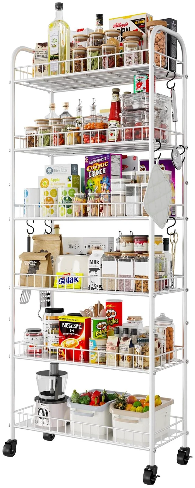 Main image of 6 Tier Slim Rolling Storage Cart with Wheels, Metal Mobile Shelving Unit Organizer Utility Cart for Office Bathroom Kitchen Laundry Room Narrow Places (White 10 Inches)