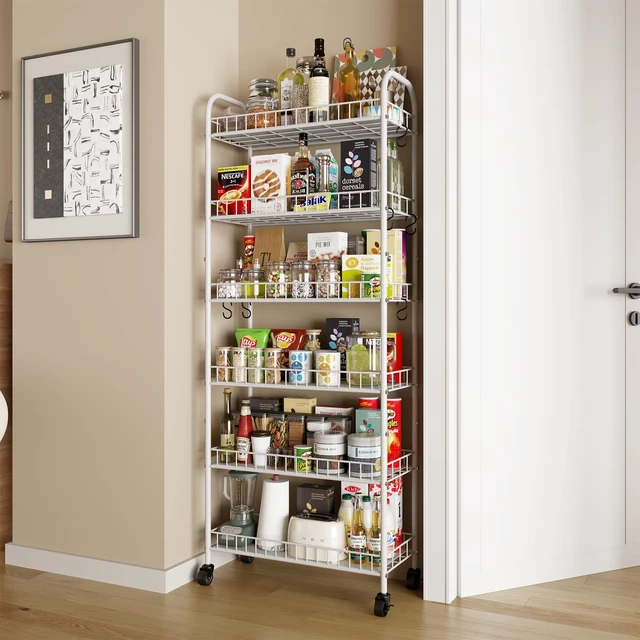 Alt view image 3 of 7 - 6 Tier Slim Rolling Storage Cart with Wheels, Metal Mobile Shelving Unit Organizer Utility Cart for Office Bathroom Kitchen Laundry Room Narrow Places (White 10 Inches)