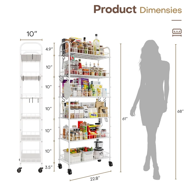 Alt view image 7 of 7 - 6 Tier Slim Rolling Storage Cart with Wheels, Metal Mobile Shelving Unit Organizer Utility Cart for Office Bathroom Kitchen Laundry Room Narrow Places (White 10 Inches)