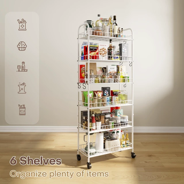Alt view image 6 of 7 - 6 Tier Slim Rolling Storage Cart with Wheels, Metal Mobile Shelving Unit Organizer Utility Cart for Office Bathroom Kitchen Laundry Room Narrow Places (White 10 Inches)