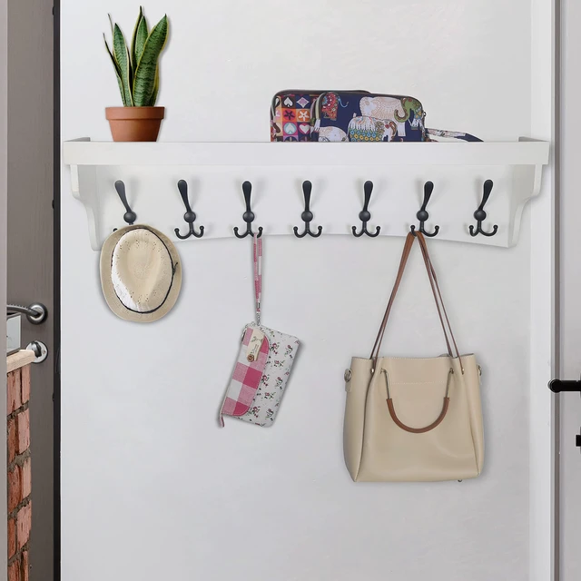 Alt view image 4 of 6 - Coat Rack Wall Mount with Shelf,35" Long White Wall Shelf with Hooks Underneath,Entryway Coat Rack with 7 Triple Hooks for Hanging Coats,Bathroom,Mudroom,Hallway