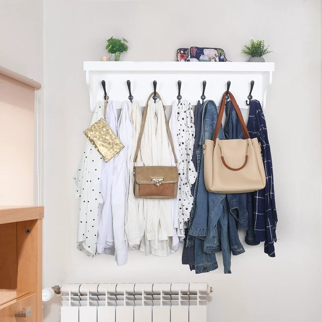 Alt view image 6 of 6 - Coat Rack Wall Mount with Shelf,35" Long White Wall Shelf with Hooks Underneath,Entryway Coat Rack with 7 Triple Hooks for Hanging Coats,Bathroom,Mudroom,Hallway