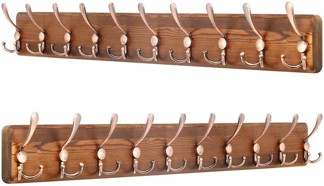 Main image of Coat Rack Wall Mounted - 38.3'' Long, Pack of 2, Wooden, Heavy Duty, Rustic Coat Hooks for Wall, Wall Coat Rack with 10 Triple Hooks for Hanging Clothes, Jacket, Hat(Brown & Retro Red)