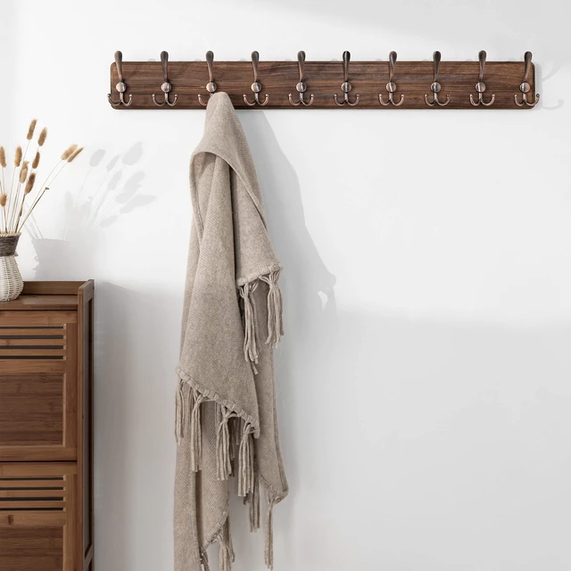 Alt view image 2 of 5 - Coat Rack Wall Mounted - 38.3'' Long, Pack of 2, Wooden, Heavy Duty, Rustic Coat Hooks for Wall, Wall Coat Rack with 10 Triple Hooks for Hanging Clothes, Jacket, Hat(Brown & Retro Red)