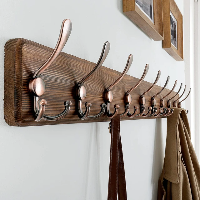 Alt view image 3 of 5 - Coat Rack Wall Mounted - 38.3'' Long, Pack of 2, Wooden, Heavy Duty, Rustic Coat Hooks for Wall, Wall Coat Rack with 10 Triple Hooks for Hanging Clothes, Jacket, Hat(Brown & Retro Red)
