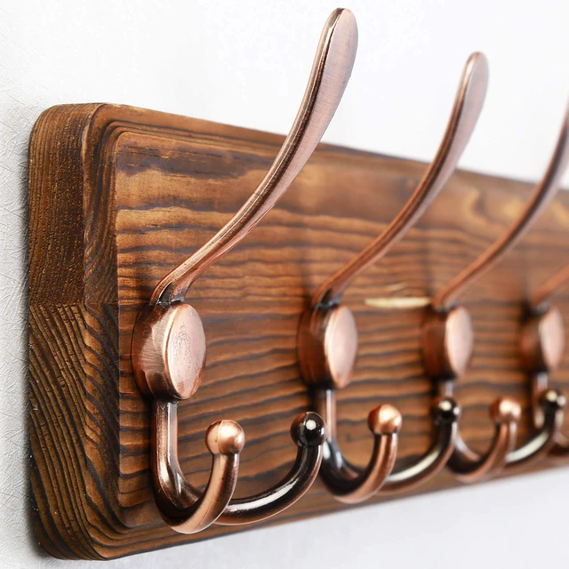 Alt view image 4 of 5 - Coat Rack Wall Mounted - 38.3'' Long, Pack of 2, Wooden, Heavy Duty, Rustic Coat Hooks for Wall, Wall Coat Rack with 10 Triple Hooks for Hanging Clothes, Jacket, Hat(Brown & Retro Red)