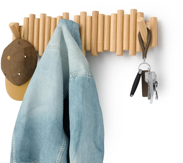 Main image of Picket Coat Rack with 8 Hooks Natural Wall-Mounted Coat Rack with Flip-Down Wooden Hooks, Real Pine Wood Decorative Wall Storage for Jackets, Hats, Scarves, Bags, Entryway, Bedroom Living Room