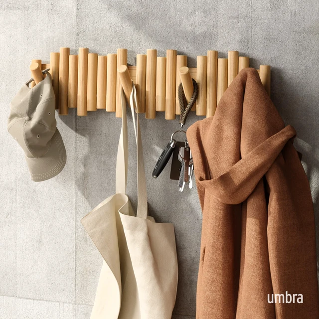 Alt view image 2 of 7 - Picket Coat Rack with 8 Hooks Natural Wall-Mounted Coat Rack with Flip-Down Wooden Hooks, Real Pine Wood Decorative Wall Storage for Jackets, Hats, Scarves, Bags, Entryway, Bedroom Living Room
