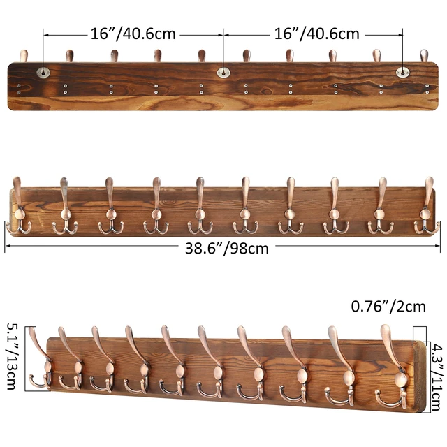 Alt view image 5 of 5 - Coat Rack Wall Mounted - 38.3'' Long, Pack of 2, Wooden, Heavy Duty, Rustic Coat Hooks for Wall, Wall Coat Rack with 10 Triple Hooks for Hanging Clothes, Jacket, Hat(Brown & Retro Red)