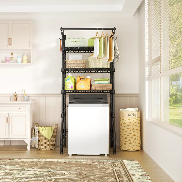 Alt view image 5 of 7 - U11 Medium Over Washer and Dryer Shelves, 3 Tiers Laundry Room Storage and Organizer Standing Shelf, Metal Freestanding Clothes Drying Rack, 31.1W x 19.7D x 77.6H, Black