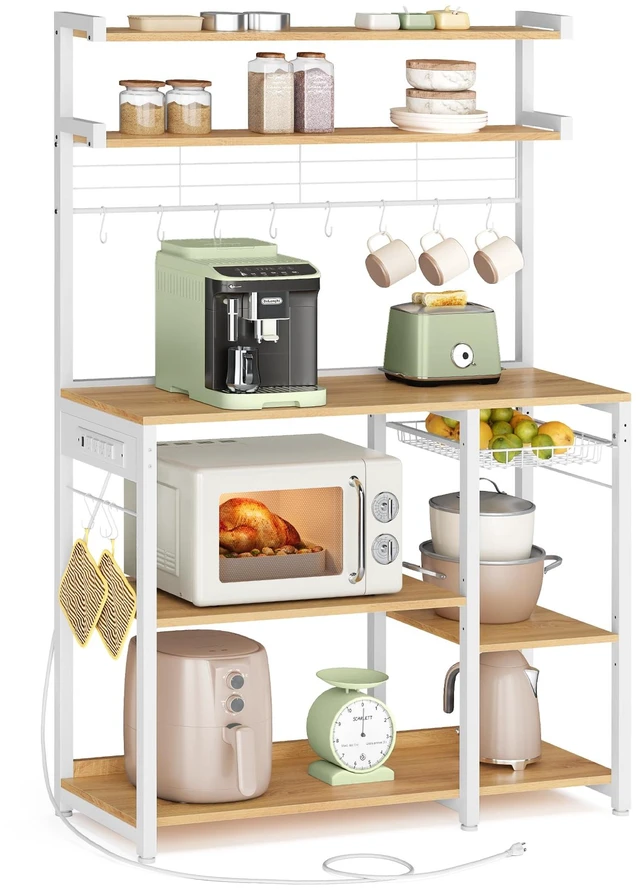 Main image of Baker's Rack, 35.4 Inches Microwave Stand with Wire Basket, 8 Hooks | For Spices, Pots, and Pans, Golden Oak and Cloud White, BARNET Collection UKKS031Y09