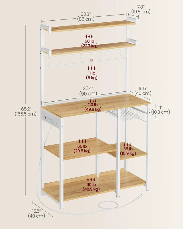 Alt view image 6 of 7 - Baker's Rack, 35.4 Inches Microwave Stand with Wire Basket, 8 Hooks | For Spices, Pots, and Pans, Golden Oak and Cloud White, BARNET Collection UKKS031Y09