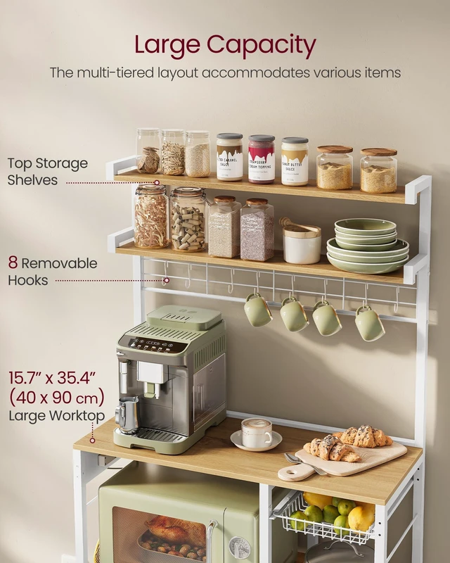 Alt view image 5 of 7 - Baker's Rack, 35.4 Inches Microwave Stand with Wire Basket, 8 Hooks | For Spices, Pots, and Pans, Golden Oak and Cloud White, BARNET Collection UKKS031Y09