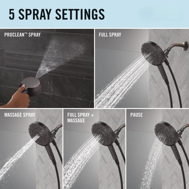 Alt view image 4 of 7 - 5-Setting In2ition 2-in-1 Dual Shower Head with Handheld High Pressure ProClean Spray, Oil Rubbed Bronze Detachable Shower Head with Hose, 1.75 GPM Flow Rate, Venetian Bronze 75548RB