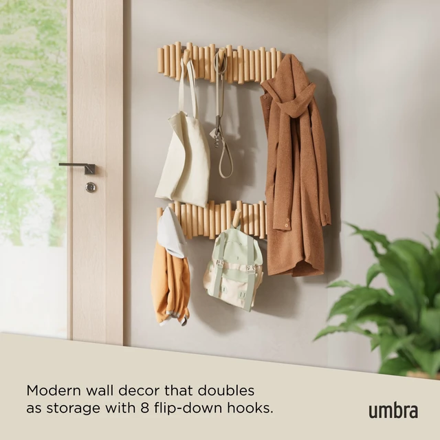 Alt view image 4 of 7 - Picket Coat Rack with 8 Hooks Natural Wall-Mounted Coat Rack with Flip-Down Wooden Hooks, Real Pine Wood Decorative Wall Storage for Jackets, Hats, Scarves, Bags, Entryway, Bedroom Living Room