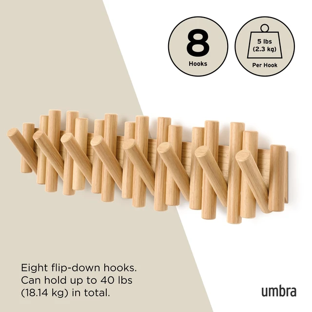 Alt view image 5 of 7 - Picket Coat Rack with 8 Hooks Natural Wall-Mounted Coat Rack with Flip-Down Wooden Hooks, Real Pine Wood Decorative Wall Storage for Jackets, Hats, Scarves, Bags, Entryway, Bedroom Living Room