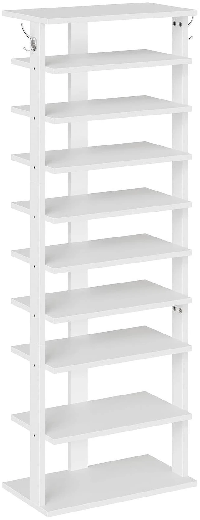 Main image of 10 Tiers Vertical Shoe Rack, Wooden Shoe Storage Organizer with Hooks, Narrow Shoe Tower for 20 Pairs, Space Saving, for Entryway, Living Room, Bedroom, White WT140XJ01