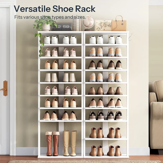 Alt view image 2 of 7 - 10 Tiers Vertical Shoe Rack, Wooden Shoe Storage Organizer with Hooks, Narrow Shoe Tower for 20 Pairs, Space Saving, for Entryway, Living Room, Bedroom, White WT140XJ01