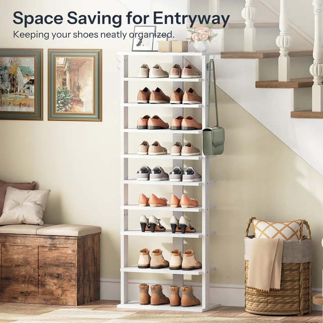 Alt view image 4 of 7 - 10 Tiers Vertical Shoe Rack, Wooden Shoe Storage Organizer with Hooks, Narrow Shoe Tower for 20 Pairs, Space Saving, for Entryway, Living Room, Bedroom, White WT140XJ01