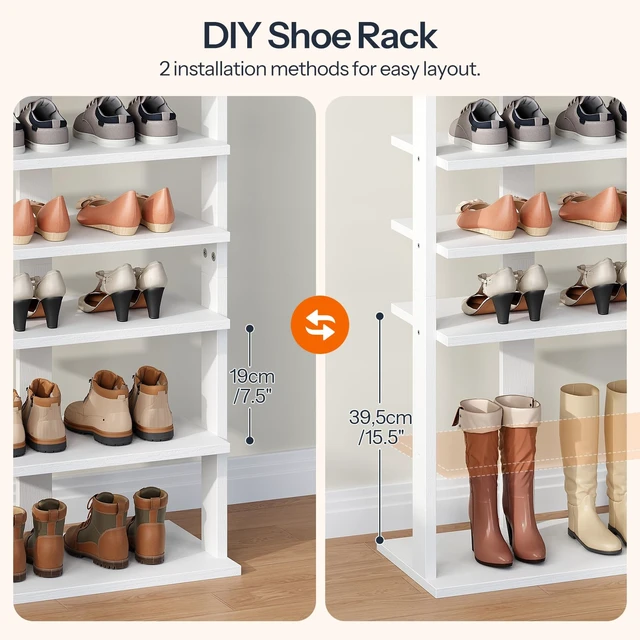 Alt view image 5 of 7 - 10 Tiers Vertical Shoe Rack, Wooden Shoe Storage Organizer with Hooks, Narrow Shoe Tower for 20 Pairs, Space Saving, for Entryway, Living Room, Bedroom, White WT140XJ01