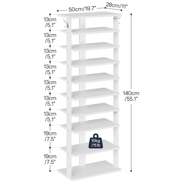 Alt view image 6 of 7 - 10 Tiers Vertical Shoe Rack, Wooden Shoe Storage Organizer with Hooks, Narrow Shoe Tower for 20 Pairs, Space Saving, for Entryway, Living Room, Bedroom, White WT140XJ01