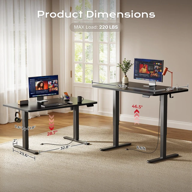 Alt view image 3 of 7 - 47 X 24 Inch Electric Standing Desk with Power Outlets and USB-C Port, Height Adjustable Desk, Sit Stand Desk for Home Office, Computer & Gaming Desk with 3 Presets, Stable Steel Frame, Black