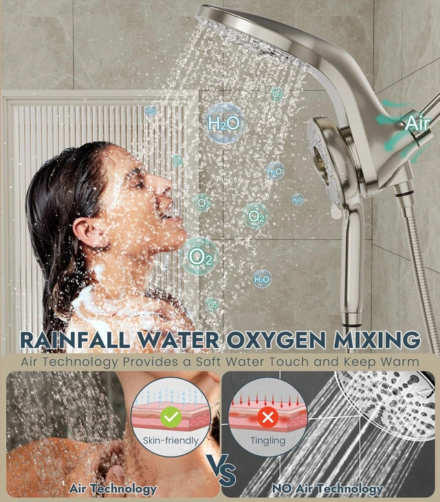 Alt view image 4 of 7 - Rain Shower Head with Handheld, 13-Function High Pressure Dual Shower Head, 2-in-1 Magnetic Rainfall Showerhead Combo with 72-Inch Hose, Brushed Nickel