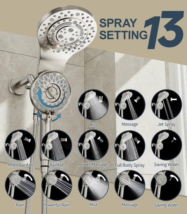 Alt view image 5 of 7 - Rain Shower Head with Handheld, 13-Function High Pressure Dual Shower Head, 2-in-1 Magnetic Rainfall Showerhead Combo with 72-Inch Hose, Brushed Nickel