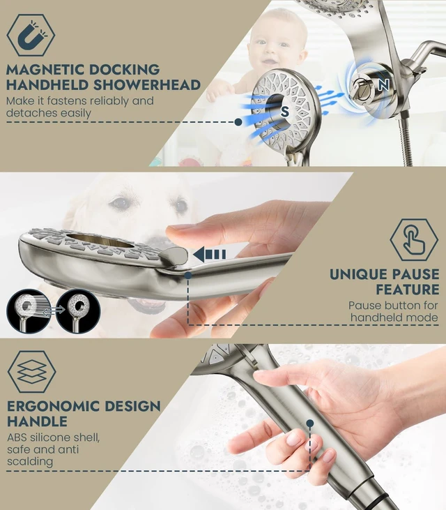 Alt view image 6 of 7 - Rain Shower Head with Handheld, 13-Function High Pressure Dual Shower Head, 2-in-1 Magnetic Rainfall Showerhead Combo with 72-Inch Hose, Brushed Nickel