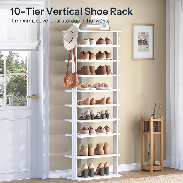 Alt view image 7 of 7 - 10 Tiers Vertical Shoe Rack, Wooden Shoe Storage Organizer with Hooks, Narrow Shoe Tower for 20 Pairs, Space Saving, for Entryway, Living Room, Bedroom, White WT140XJ01