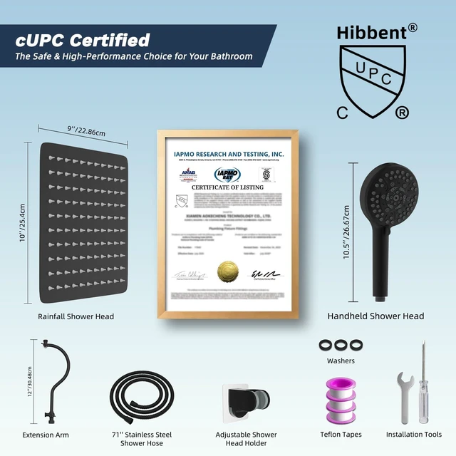 Alt view image 7 of 7 - All Metal cUPC Certified High Pressure Rainfall 10'' Shower Head | Dual Shower Heads with Handheld 10 Sprays Combo, 12'' Adjustable Extension Arm, 71'' Shower Hose, Shower Holder, Matte Black