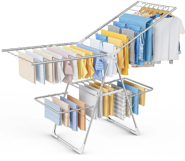 Main image of Clothes Drying Rack, Foldable 2-Level with 70" Adjustable Wings | Laundry Room, Bedroom, Indoor & Outdoor Use, Height Adjustable, Clothing & Bedding, 70.0" L × 22.8" W, Silver and White