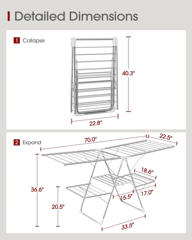 Alt view image 2 of 3 - Clothes Drying Rack, Foldable 2-Level with 70" Adjustable Wings | Laundry Room, Bedroom, Indoor & Outdoor Use, Height Adjustable, Clothing & Bedding, 70.0" L × 22.8" W, Silver and White