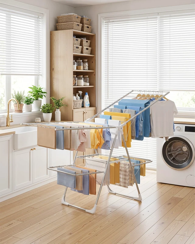 Alt view image 3 of 3 - Clothes Drying Rack, Foldable 2-Level with 70" Adjustable Wings | Laundry Room, Bedroom, Indoor & Outdoor Use, Height Adjustable, Clothing & Bedding, 70.0" L × 22.8" W, Silver and White